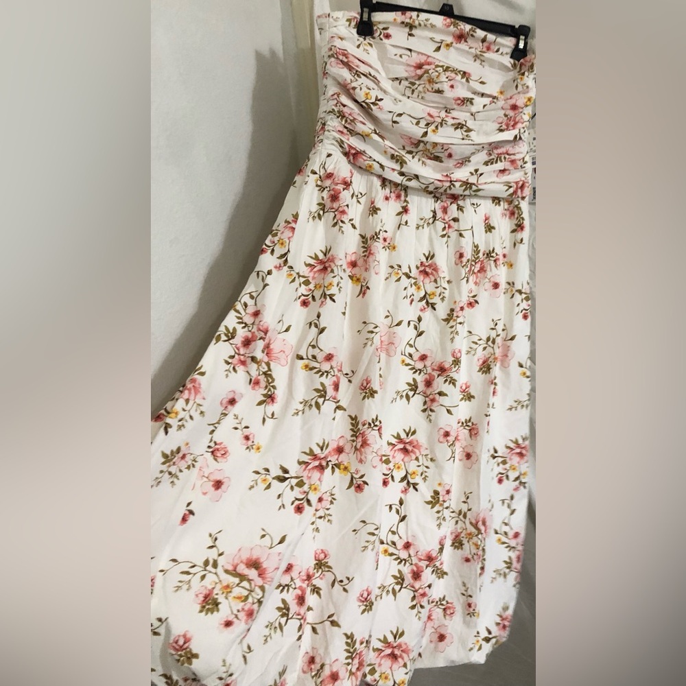 White red‎ floral multi strapless shirred bodice bubble hem dress size large new